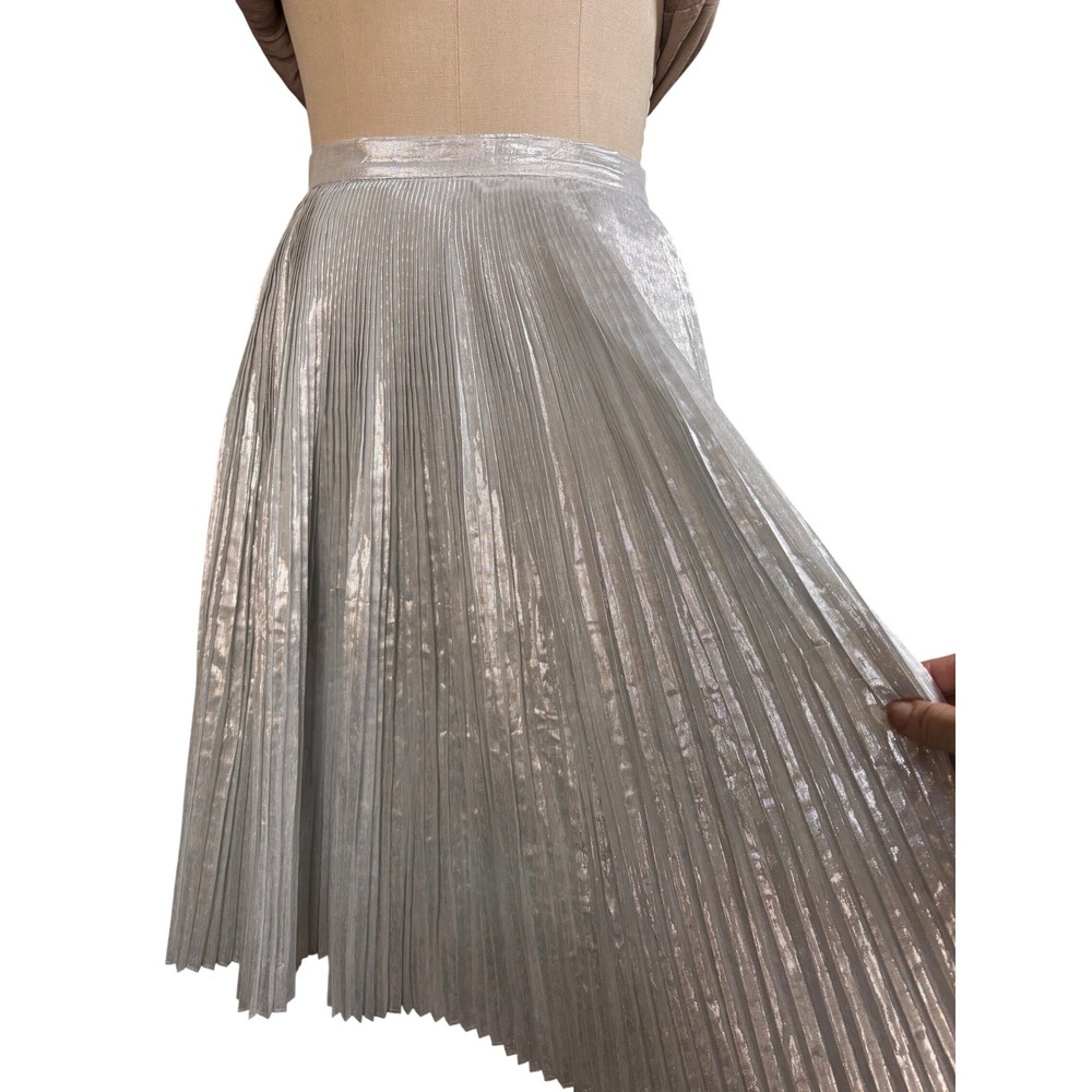 Talbots Metallic Pleated Shimmer Midi Skirt 4 Silver - Picture 4 of 7